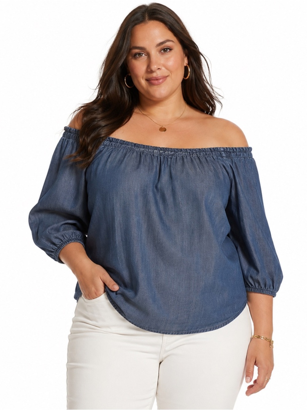 White House Black Market Off-the-Shoulder Chambray Blouse | XL | Boho Top
